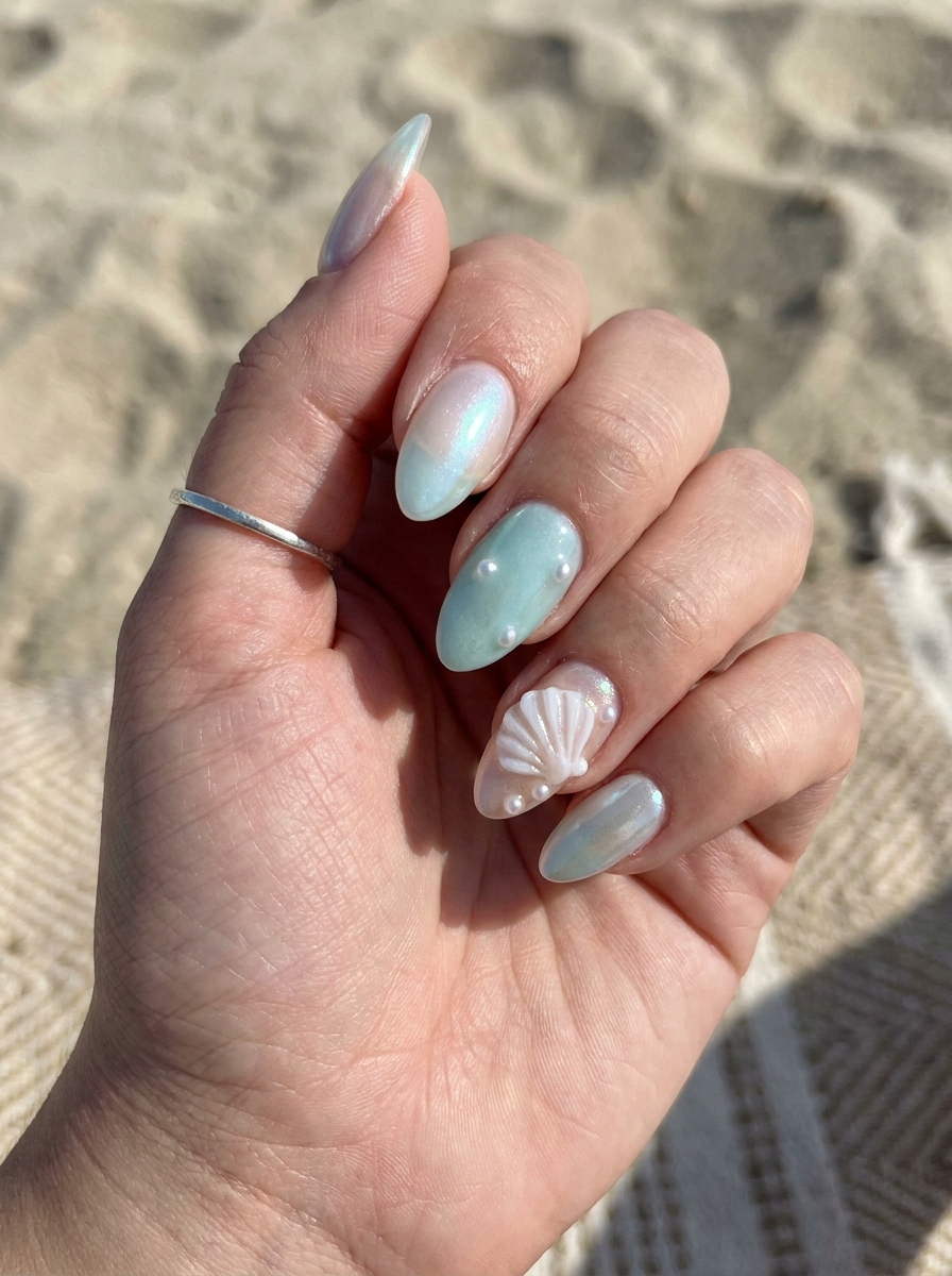 3D Shell Pearl Mermaid Nails mit kleinen Muschelreliefs und Perlen